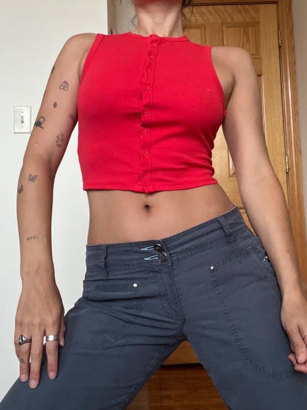 High Neck Button Up RedTank Top